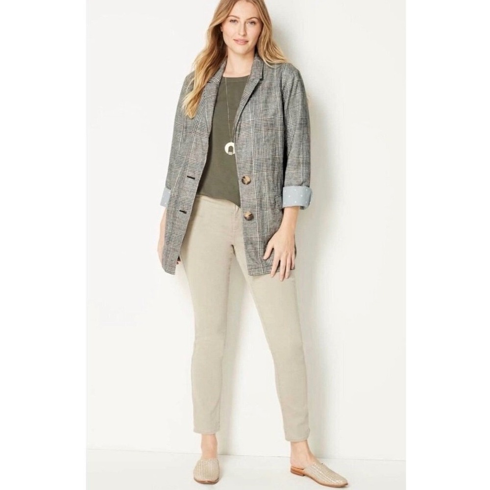 J Jill Love Linen Blazer Plaid‎ Longline Womens Lrg Boyfriend Fit Blue Academia